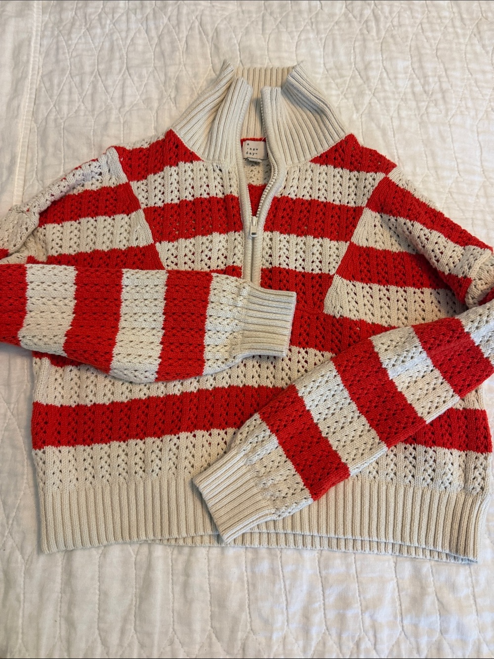 a new day Red and Cream Striped Half-Zip Sweater